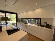 Cocina oscura con vistas al jardín